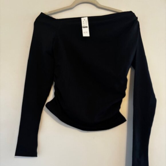 J. Crew Asymmetrical Off-the-Shoulder Top in Stretch Cotton Blend in Black - Picture 2 of 4